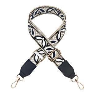 Ethnic style jacquard wide bag strap with black leaf pattern and gold metal hooks