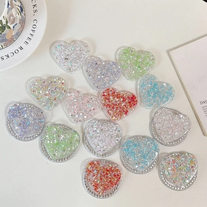 Glitter heart phone grip with sparkling sequins and rhinestone base in multiple colors