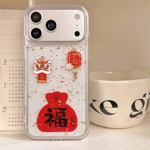 Golden lion and lucky bag charm phone case for iPhone 16 Pro with shiny gold foil