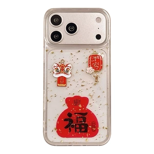 iPhone case with gold foil and festive Chinese New Year lion and lucky bag design