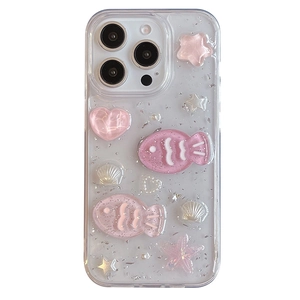 Glittery pink fish and pearl shell decoration on a clear protective iPhone case