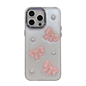 Rosa Schleifen und Perlen Glitzer Hülle für iPhone 17 Pro mit süßen 3D Motiven