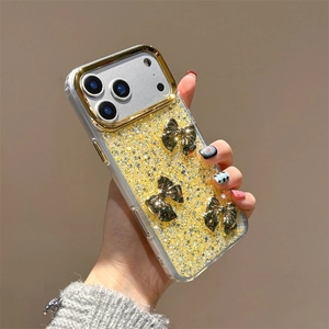 Sparkling gold glitter phone case with 3D bows for iPhone 16 Pro Max, stylish and protective