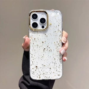 Detail of transparent iPhone case with embedded gold foil flakes and triple camera cutout
