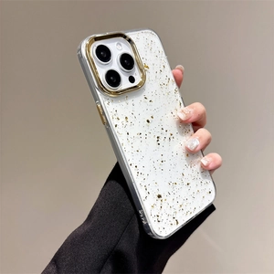 Detail of glitter sequins and gold camera lens ring on clear iPhone 16 Pro Max case