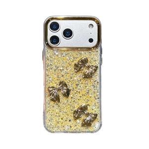 Sparkling gold glitter phone case with three metallic 3D bows for iPhone 16 Pro Max