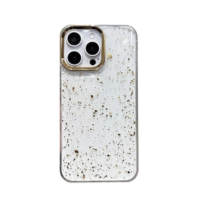 Clear iPhone Pro Max case with gold glitter flakes and a metallic camera lens frame