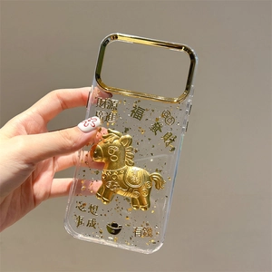 Close-up of clear phone case with 3D gold horse, gold foil flakes, and lucky Chinese text