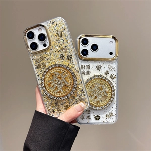 Coque De Téléphone De Luxe En Feuille D'or Pour iPhone Cadran Rotatif En Strass Prospérité Housse Antichoc Style Chinois