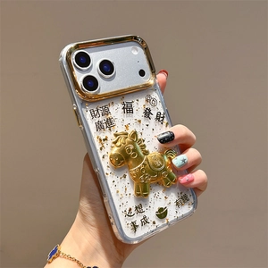 Clear iPhone case with gold foil, 3D horse figurine and Chinese auspicious characters