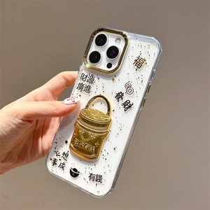 Transparent gold foil iPhone case with 3D handbag stand and Chinese blessing motifs