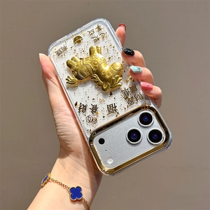 Detail of transparent iPhone case with 3D gold horse, gold foil and lucky Chinese text
