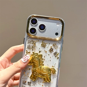 Macro detail of transparent iPhone case with gold foil, 3D horse icon, and lucky coins