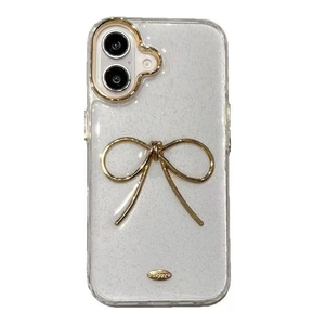 Glittery transparent iPhone case with 3D gold metal bow and sparkling finish