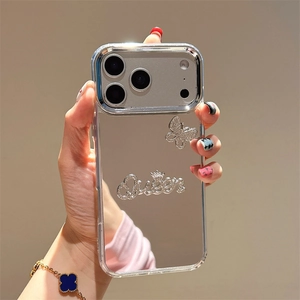 Mirror phone case for iPhone with silver rhinestone butterfly and Queen pendant