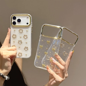 Glittering clear iPhone case with golden electroplated bow and floral accents for women
