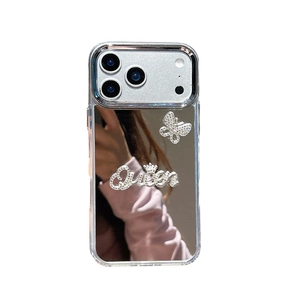 Luxury silver mirror iPhone case featuring rhinestone butterfly and Queen crown design