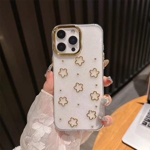 Detail of iPhone glitter case with 3D floral accents and gold camera protective ring