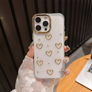 Detail of glitter white iPhone case with golden heart ornament and camera frame