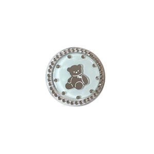 Blue rhinestone phone socket grip featuring a cute brown bear design with ne. text