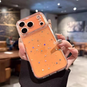 Orangefarbene iPhone-Hülle mit Herz-Pailletten, Glitzer und verstärktem Kameraschutz