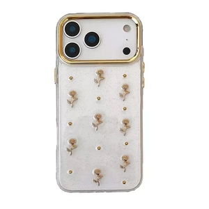 Glitter iPhone case with golden 3D roses and metallic accents on clear sparkling back