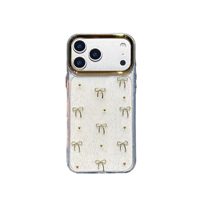 Sparkly white glitter iPhone case featuring gold 3D bow and elegant bead decorations