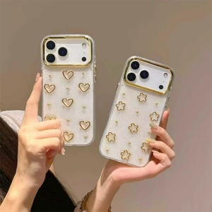 Glitter Epoxy Protective Phone Case Gold Plated Flower Heart Relief TPU Clear Shimmer Cover Fashion Case For Women