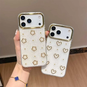 Golden glitter heart and flower patterns transparent iPhone case with metallic camera lens frame