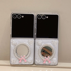 Bow mirror phone case with pearls and roses for Samsung Galaxy Z Flip folding smartphone