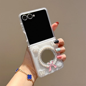 Glitter case for Samsung Galaxy Z Flip with mirror, pink bow, and white 3D roses