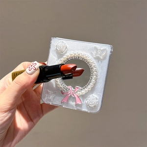 Elegant white pearl mirror case with pink bow and rose relief for Samsung Z Flip