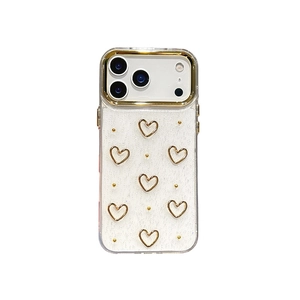 White glitter phone case for iPhone with gold 3D hearts and raised camera protection