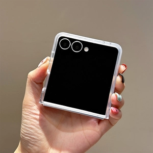 Close-up of clear hard case for Samsung Z Flip with split design held by a model