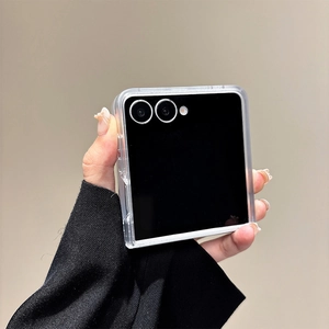 Close-up of clear folding case for Galaxy Z Flip showing high transparency and edge protection