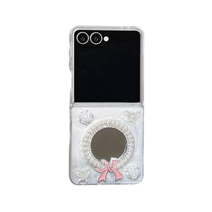 Silver glitter foldable phone case with mirror, pearl trim and pink bow for Samsung Z Flip