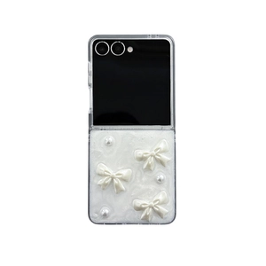 Bowknot phone case for Samsung Z Flip with white pearls and mother of pearl finish