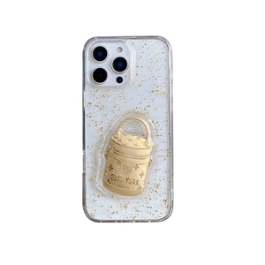 Coque iPhone dorée avec support sac 3D et incrustation de feuilles d'or pailletées