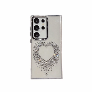 Sparkling rhinestone heart pattern case with silver camera ring for Samsung Galaxy S23 Ultra