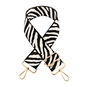 Adjustable 5cm wide zebra print shoulder strap with gold lobster clasps and metal hardware