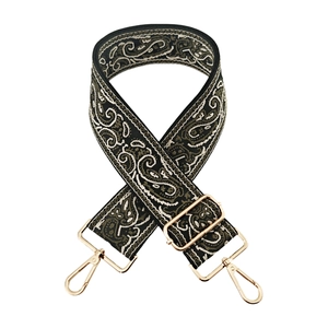 Adjustable paisley jacquard bag strap with vintage pattern and pale gold metal hooks
