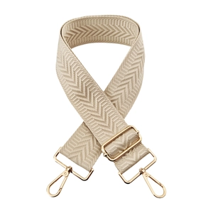 Close-up of 5cm wide beige woven bag strap with golden buckles and herringbone pattern