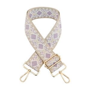 Adjustable wide woven guitar-style strap with purple and beige diamond geometric pattern