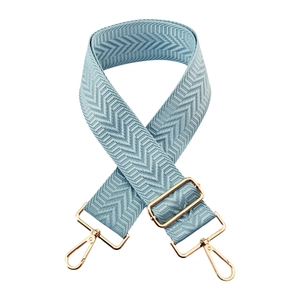Detail of light blue crossbody bag strap with chevron weave and gold metal hardware