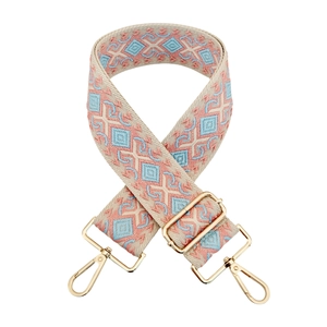 Detail of pink and blue geometric diamond pattern on ethnic style wide woven bag strap