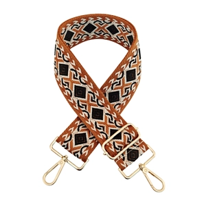 Detail of 5cm ethnic jacquard bag strap with gold metal hooks and geometric patterns