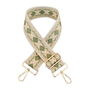 Close-up of geometric jacquard bag strap with high-quality gold metal lobster clasps