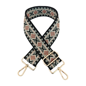 Close-up of geometric diamond jacquard weaving on the ethnic style wide bag strap