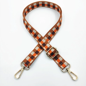 Adjustable 2.5cm checkered canvas shoulder strap with gold metal swivel hooks and buckles