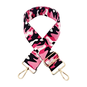 Adjustable wide replacement shoulder strap with pink camo pattern and gold buckles
